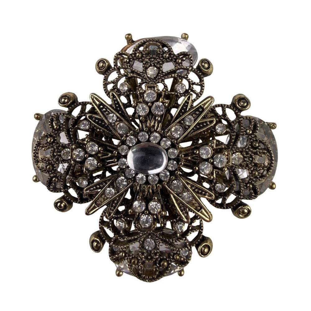 Vintage Gold Tone Rhinestone Filigree Cross Brooch Clear Crystals Ornate Jewelry